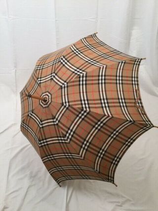 Vintage Burberry London Nova Check Walking Umbrella Wood Handle Brass Detail