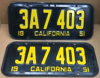 Rare Pair 1951 Dmv Clear (california) 3a7403 License Plate - Vintage -