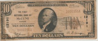 Ks 1929 $10 Mccune,  Kansas Ch 12191 Very Rare Note Only 7 Small Notes Known