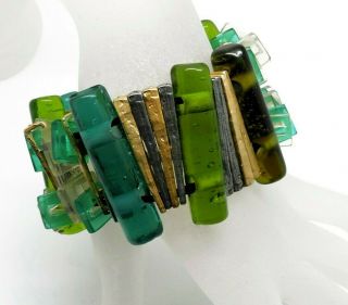 Anne Marie Chagnon Geometric Abstract Green Blue Stretch Glass Lucite Bracelet