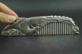 Chinese Old Copper Plating Silver Carving Phoenix Rare Lucky Noble Comb A01