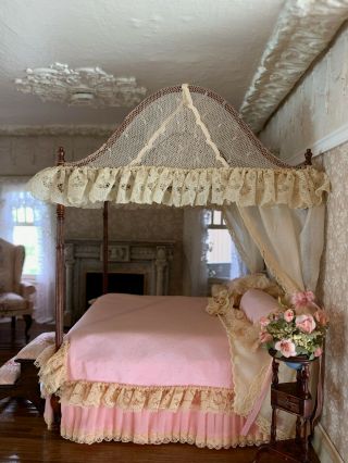 1986 Nellie Bell Miniature Dollhouse Artisan Pink Silk Lace Canopy Bed ROMANTIC 3