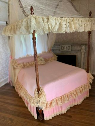 1986 Nellie Bell Miniature Dollhouse Artisan Pink Silk Lace Canopy Bed ROMANTIC 6