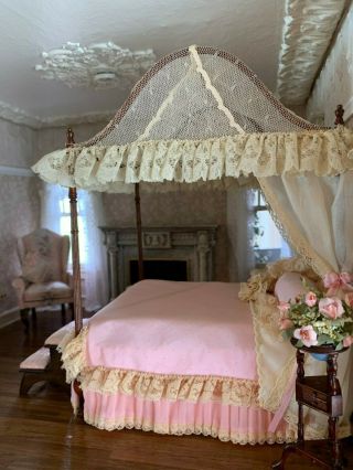 1986 Nellie Bell Miniature Dollhouse Artisan Pink Silk Lace Canopy Bed ROMANTIC 9