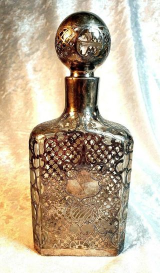 Antique Very Heavy Sterling Silver Overlay Cut Glass Bottle Decanter As/is