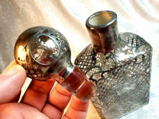 ANTIQUE VERY HEAVY STERLING SILVER OVERLAY CUT GLASS BOTTLE DECANTER AS/IS 2