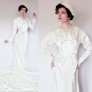 Vintage 1930s Ivory Satin Long Sleeved Wedding Dress Fishtail Skirt Art Deco S