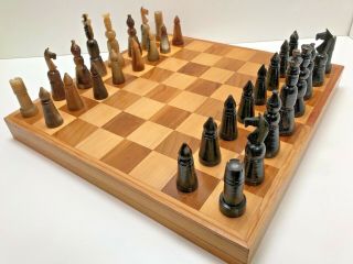 Vintage Carved Buffalo Horn Complete Chess Set 18 " X 18 " Highly Detail Chessmen