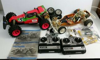 Vintage Tamiya 1/10 Scale Falcon Rc Car Rc10 Gold Chassis 2 Futaba Controllers