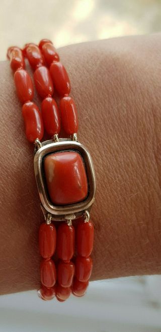 Antique,  Carved Deep Red Coral Bracelet With Victorian 9 Ct Rose Gold Clasp