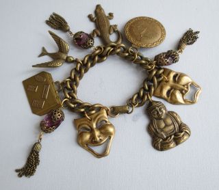 Vtg Art Deco Brass Thespian Bird Suitcase Purple Glass Dangle Charm Bracelet