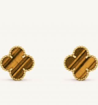 Van Cleef & Arpels Vintage Alhambra earrings Yellow gold,  Tiger’s Eye Authentic 9