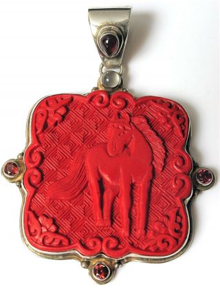 Vintage Sajan Sterling Silver Carved Cinnabar Horse Equestrian Red Stone Pendant