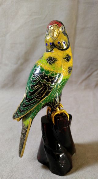 Vintage Chinese Cloisonne Enameled Parrot Bird Figurine Wooden Perch