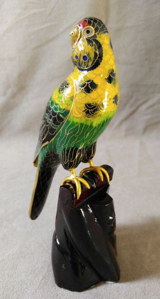 Vintage Chinese Cloisonne Enameled Parrot Bird Figurine Wooden Perch 2