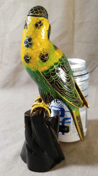 Vintage Chinese Cloisonne Enameled Parrot Bird Figurine Wooden Perch 3