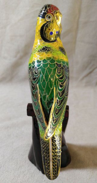 Vintage Chinese Cloisonne Enameled Parrot Bird Figurine Wooden Perch 4