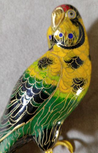 Vintage Chinese Cloisonne Enameled Parrot Bird Figurine Wooden Perch 5