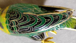 Vintage Chinese Cloisonne Enameled Parrot Bird Figurine Wooden Perch 6