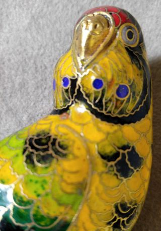 Vintage Chinese Cloisonne Enameled Parrot Bird Figurine Wooden Perch 7