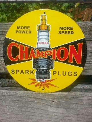 Vintage 1957 Champion Spark Plug Porcelain Sign Gas Station Oil Pump Plate Nos