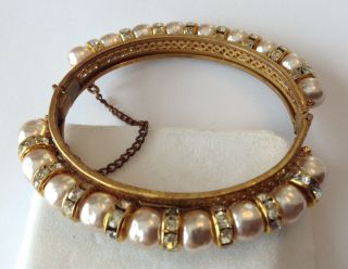 Vintage Miriam Haskell Signed Baroque Pearl & Rhinestone Hinged Bracelet