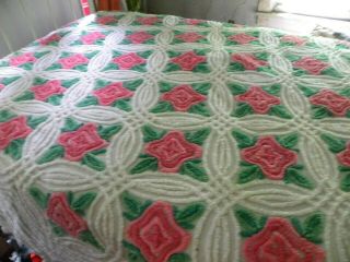 Vintage Huge Chenille Bedspread 2 Rose Shades In Wedding Rings W/ Ball Fringe