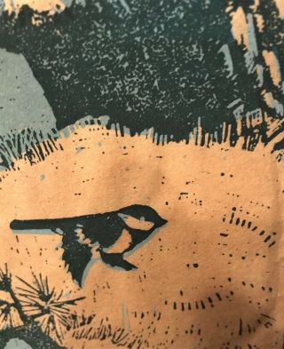 Rare Carrol Thayer Berry Linocut Print - Chickadees in Snow Covered Pine Tree 4