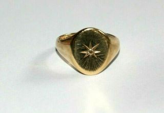 VINTAGE 9CT GOLD DIAMOND SIGNET RING.  STARBURST.  MALE / FEMALE.  UNISEX.  SIZE P. 3