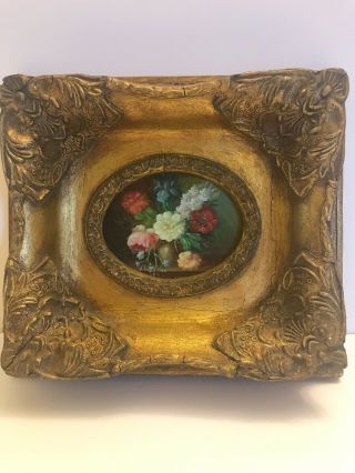 Vintage Miniature Oil Painting Gold Gilt Ornate Frame Flowers Approx 7  X 8