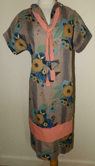 Rare Vtg 20s Flapper Women Asian Japanese Novelty Print Cotton Day Dress Old