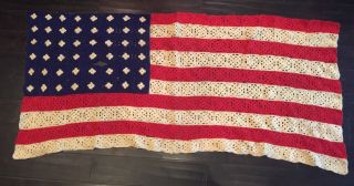 Vintage 48 Star Crochet Yarn Handmade American Flag 66 " X 33 "