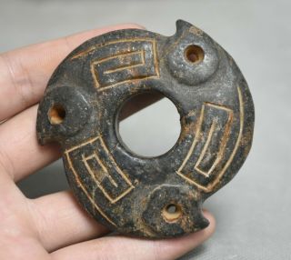 2.  8 " Old China Hongshan Culture Black Meteor Carved 3 Bird Beast Amulet Pendnat