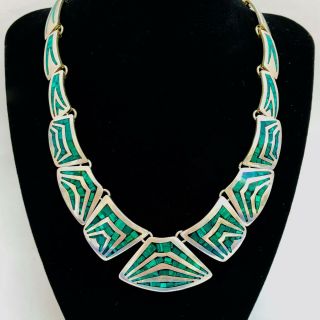 Lovely Vintage Sterling Silver Malachite Inlay Necklace Mexico 15” 96 Grams