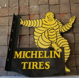 Vintage Michelin Porcelain Gas Automobile Tires Service Double Sided Flange Sign