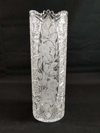 Antique Brilliant Cut Glass Cylinder Vase,  Etched Flowers,  Unsigned,  12 " Tall