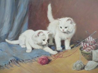 The Best Old Vintage Oil Painting 2 White Cats Kittens Playing With Yarn Canvas