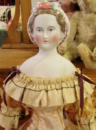 Antique 15 " German Parian Doll W/original Body,  W/snood