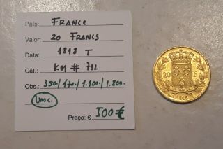 France Louis Xviii (1815 - 1824) - 20 Francs Buste Nu 1818 T (nantes) Gold - Rare