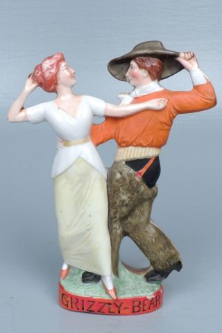 Vintage Schafer & Vater Figural Porcelain Nipper Flask - Bear Cowboy Lady 2 Pt