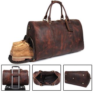 Men Vintage Real Leather Large 17 " Laptop Luggage Duffle Travel Gym Bag Carry On