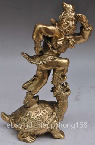 Chinese Myth Brass Monkey King Sun Wukong Buddha Stand Dragon Turtle Statue F02