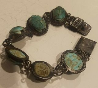 Antique/vintage Egyptian Scarab 800 Silver Glazed Blue/green Stone Bracelet
