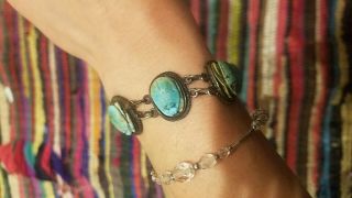 Antique/Vintage Egyptian Scarab 800 Silver Glazed Blue/Green Stone Bracelet 2