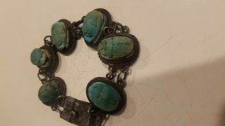 Antique/Vintage Egyptian Scarab 800 Silver Glazed Blue/Green Stone Bracelet 3