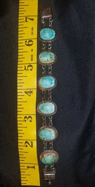 Antique/Vintage Egyptian Scarab 800 Silver Glazed Blue/Green Stone Bracelet 5