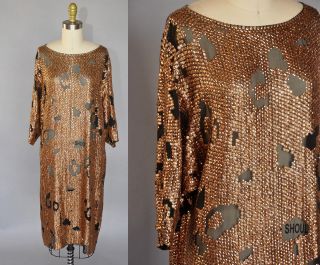 Vintage 70s 1970s Bronze Sequin Spotted Sheer Silk Chiffon Leopard Print Dress M