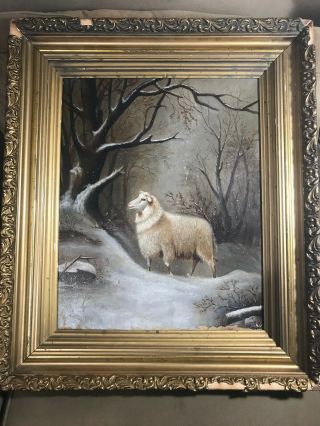 Large Antique " Sheep In Winter Landscape Scene " Oil Painting - Framed