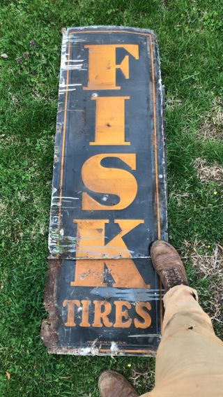 Rare 1940s Antique Fisk Tire Sign Gas Oil Auto Tin Metal Ad Early Orig Old Vtg