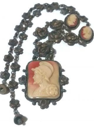 Antique Art Deco Roman Soldier Cameo Rose Flower Vintage Brass Necklace